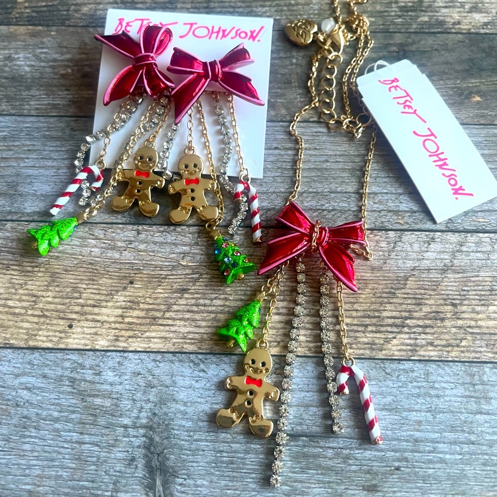 FIRM PRICE Betsey Johnson Gingerbread Man Candy Cane Xmas Tree Necklace Earring - Picture 1 of 7